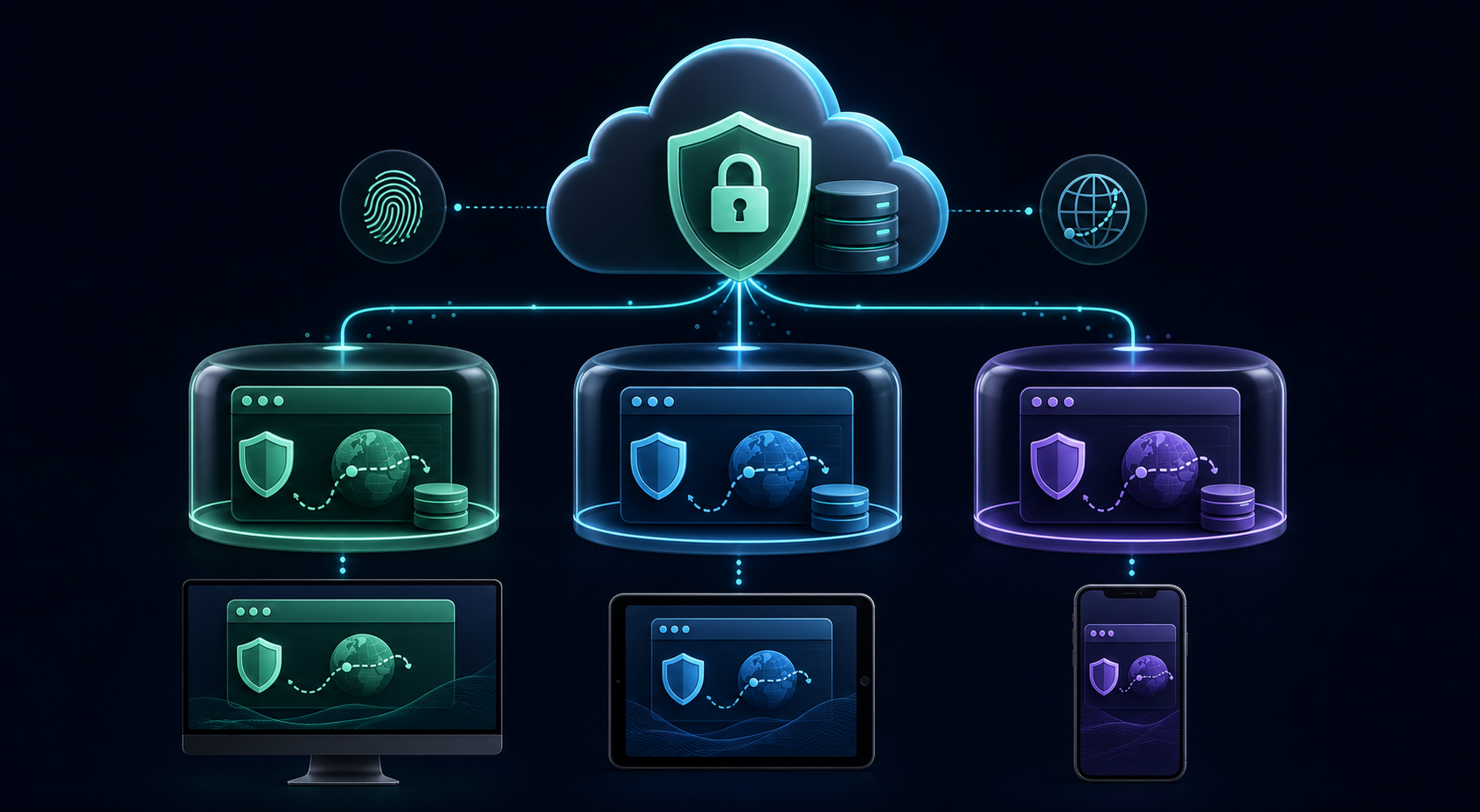 One protected cloud hub connecting three isolated browser workspaces to a desktop, tablet and phone